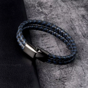 Black Blue Braided Genuine Leather Bracelet Double Band Bangle